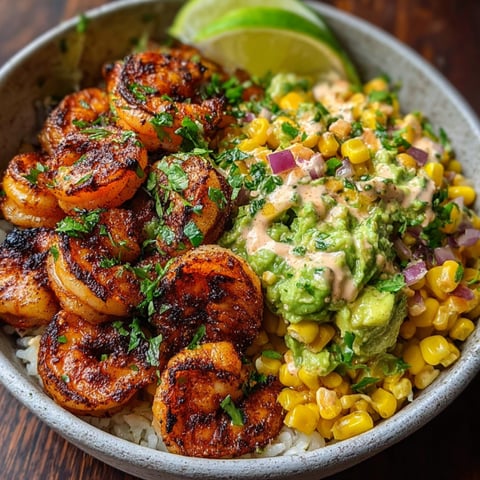 A bowl of Grilled Shrimp Avocado Corn Salsa is displayed on a table.
