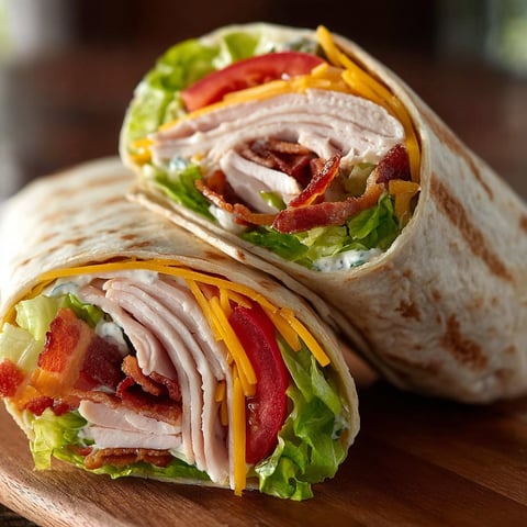 A Turkey Ranch Club Wrap is displayed on a wooden cutting board, filled with turkey, lettuce, tomatoes, and cheese.