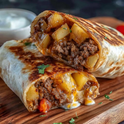 A delicious cheesy beef potato burrito is served on a wooden table.