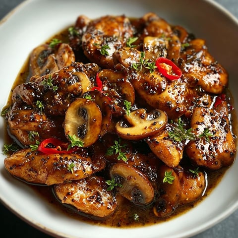 A plate of black pepper chicken with mushrooms, served with a side of mushrooms and peppers.