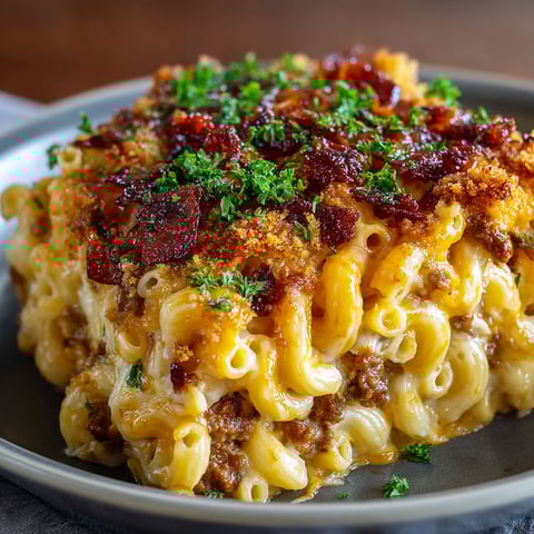 A delicious dish of Ooey Gooey Bbq Bacon Mac Cheese lasagna is served on a plate.