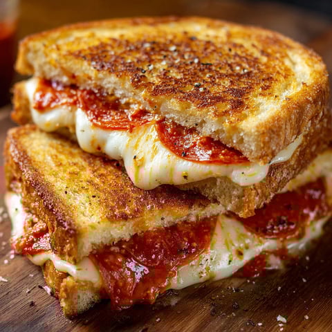 A close up of a grilled cheese sandwich with tomato sauce and pepperoni.