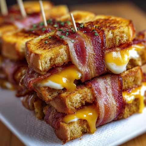 Bacon-Wrapped Grilled Cheese Fingers stacked on a plate.