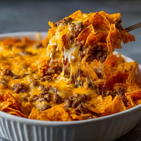 A delicious and easy 30-minute Dorito Casserole is being served in a white bowl.