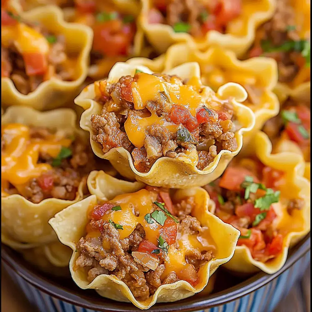 A tight shot of crunchy pastry cups stuffed with flavorful ground beef, melty cheese, and chopped tomatoes, topped with green herbs.
