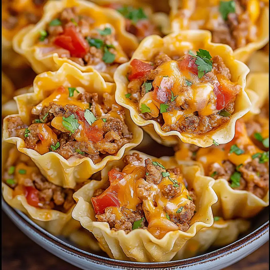 A detailed view of small pastry shells packed with seasoned beef, melted cheese, diced tomatoes, and fresh herb garnish.