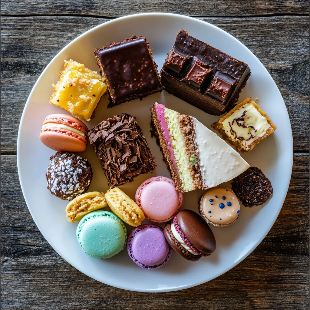 White plate on a rustic wooden table completely filled with an assortment of desserts and sweets