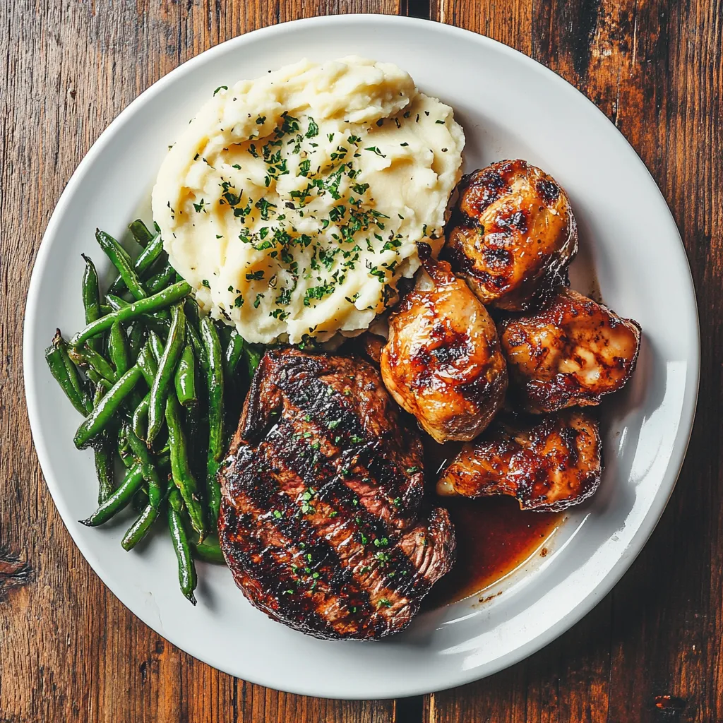 white plate on a rustic wooden table, completely filled with a hearty main course