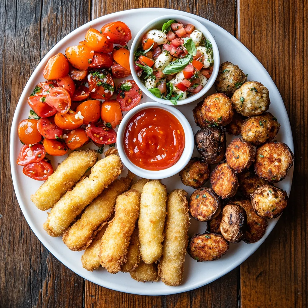 a white plate on a rustic wooden table, fully filled with an assortment of appetizers