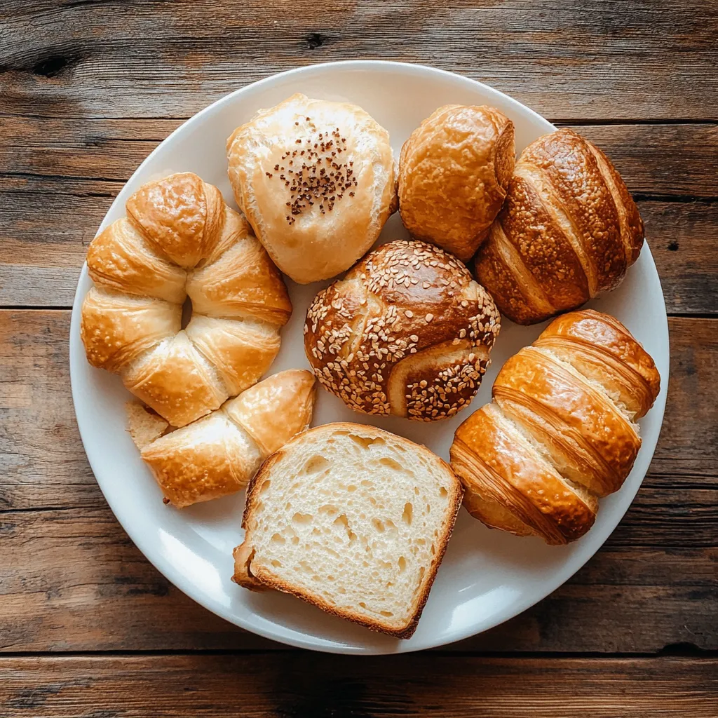 a white plate on a rustic wooden table, completely filled with fresh breads and pastries