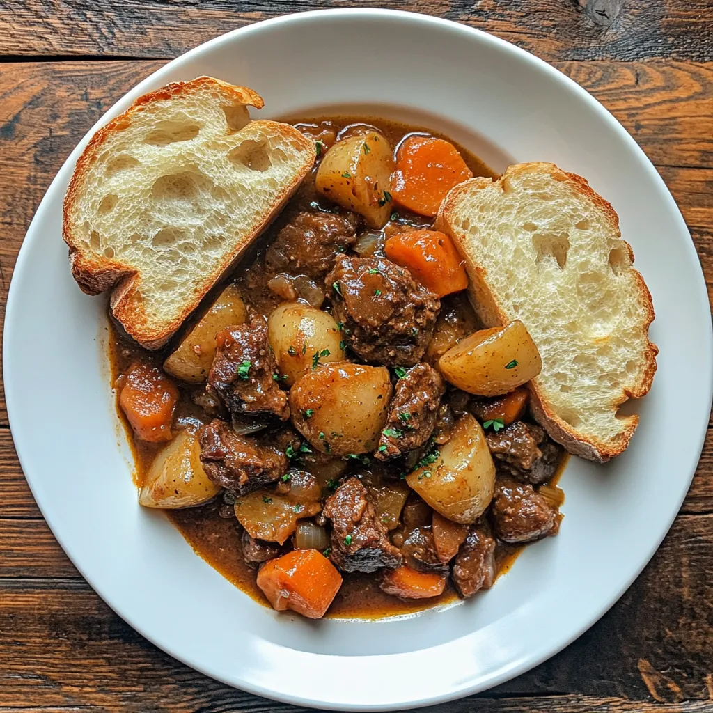 a white plate on a rustic wooden table, completely filled with a one-pot or slow-cooked meal