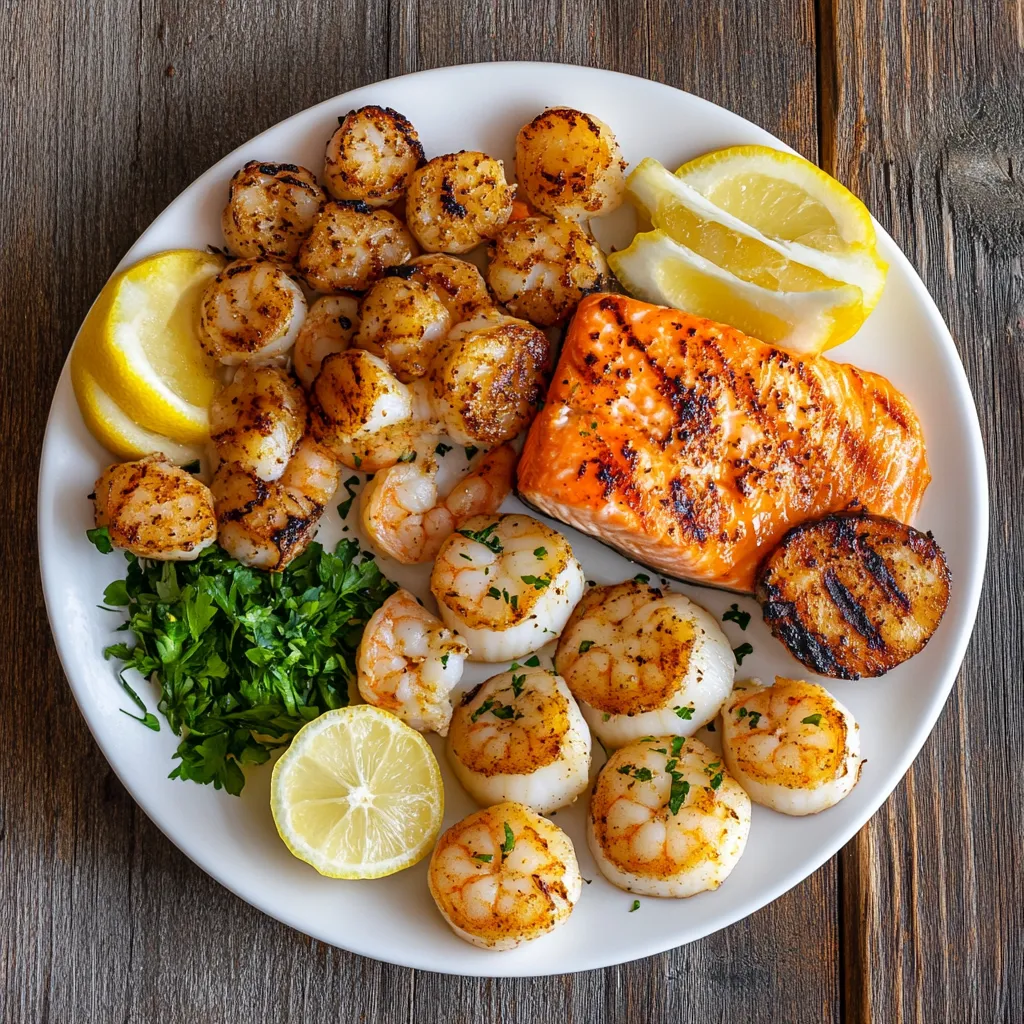 The plate includes grilled shrimp, seared salmon, garlic butter scallops