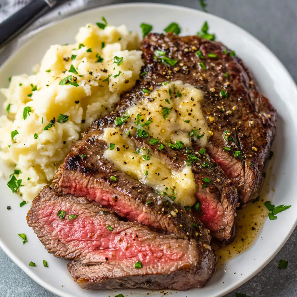 Close-up Air Fryer Steak with Garlic Butter Recipe