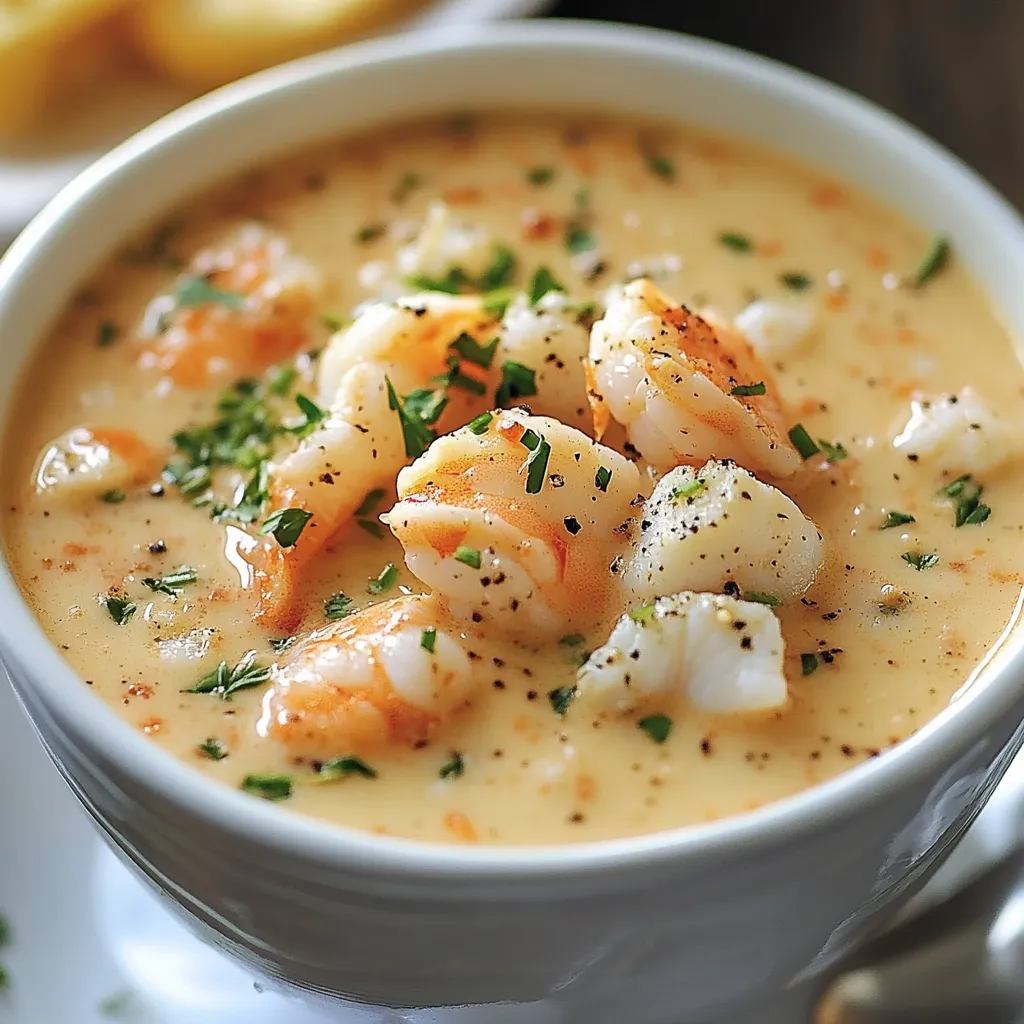 Close-up Seafood Bisque with Crab, Shrimp, and Lobster