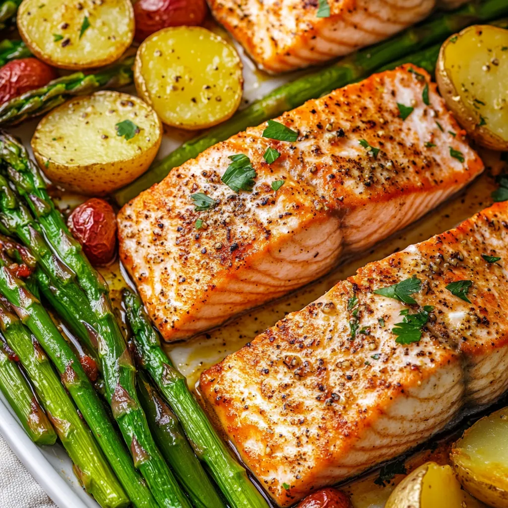 Close-up Sheet Pan Salmon and Asparagus with Potatoes Recipe