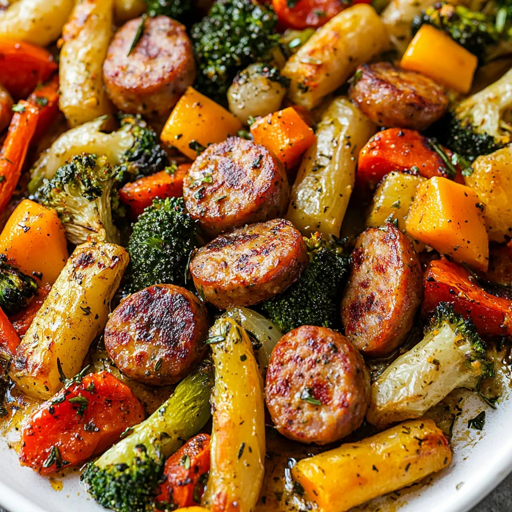 Close-up Sheet Pan Sausage and Veggies