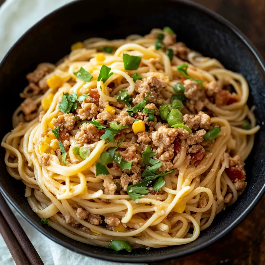 Close-up Mongolian Noodles with Ground Beef