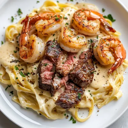 Close-up Steak and Cajun Shrimp Alfredo Recipe