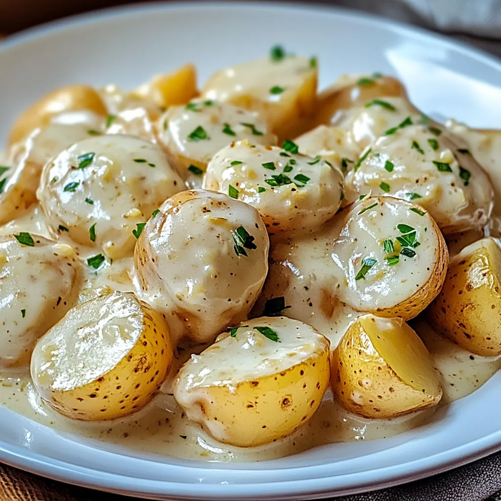 Close-up Creamy Garlic Sauce Baby Potatoes