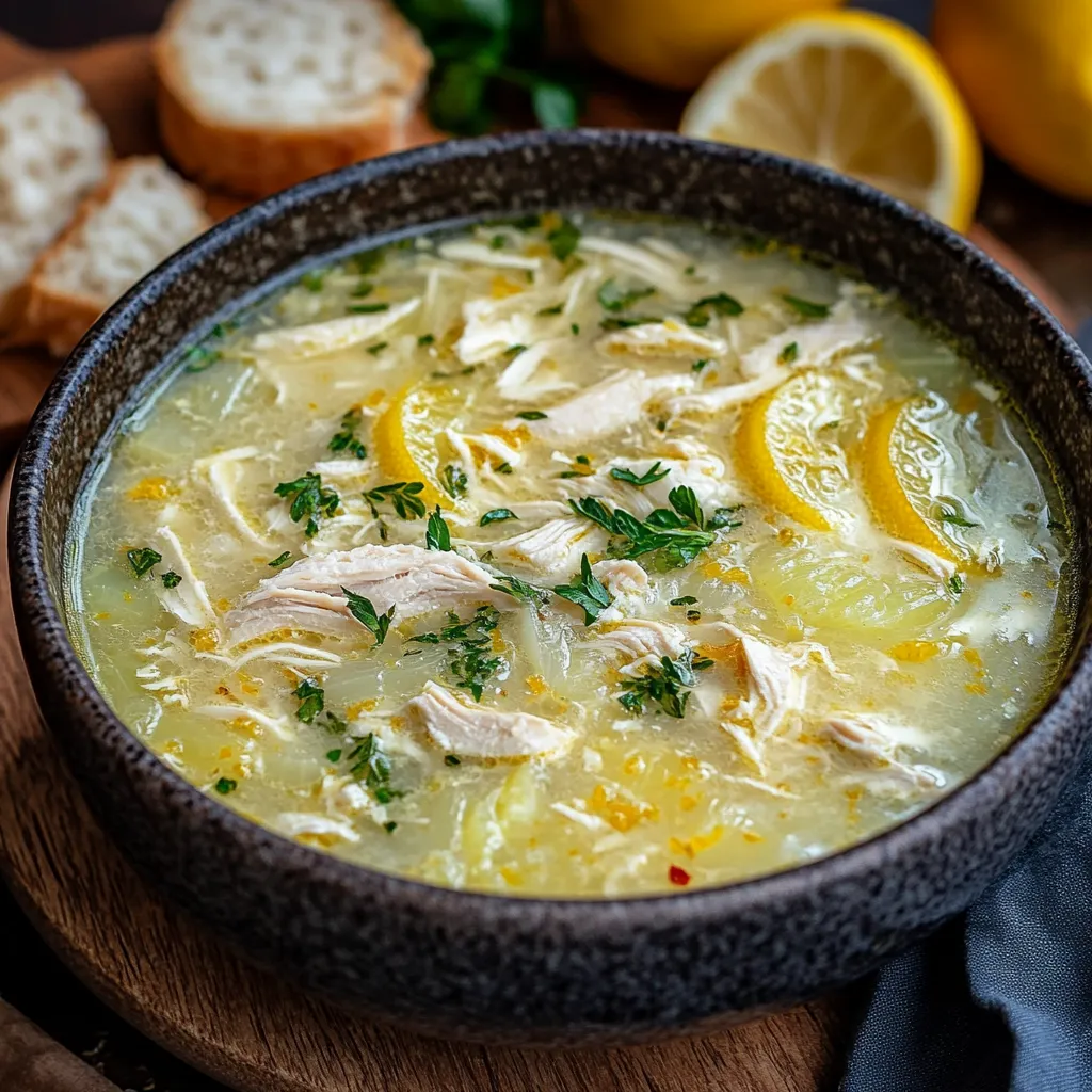 Close-up Avgolemono Greek Lemon Chicken Soup Recipe