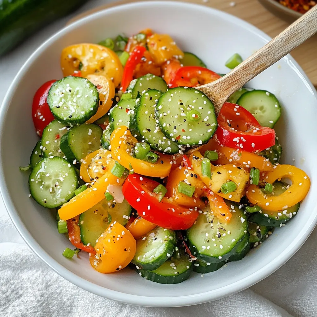 Close-up Cucumber and Bell Pepper Salad Recipe