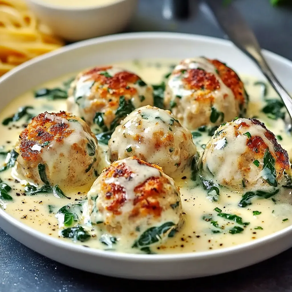 Savory Chicken Ricotta Meatballs with Spinach Alfredo Sauce