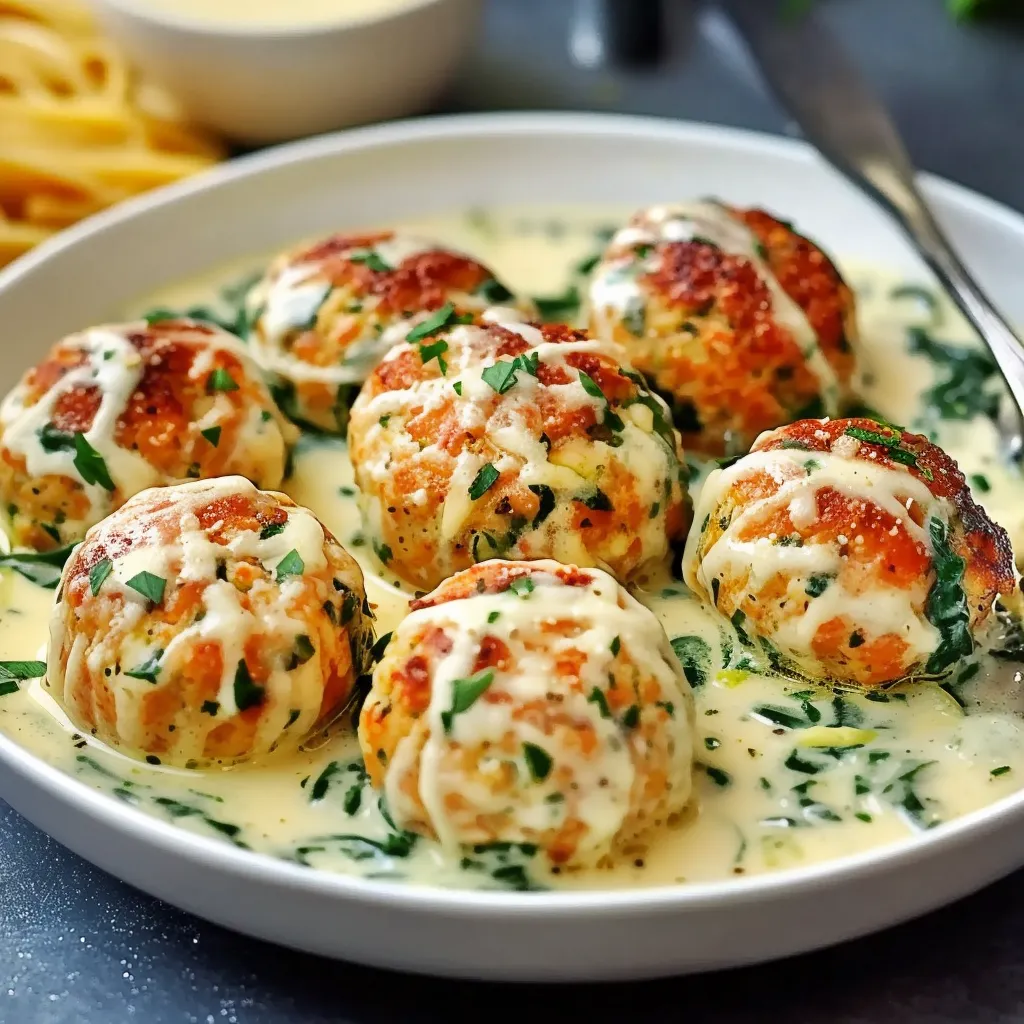 Close-up Chicken Ricotta Meatballs with Spinach Alfredo Sauce Recipe