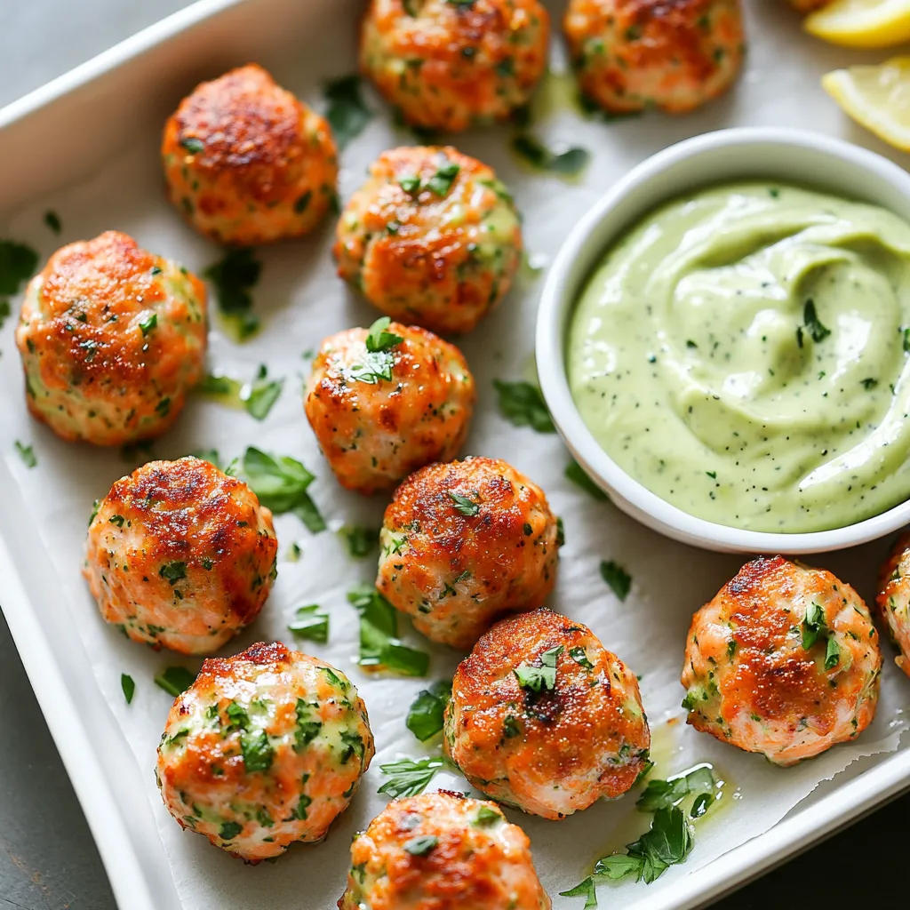 Close-up Baked Salmon Meatballs with a Tangy Avocado Sauce Recipe