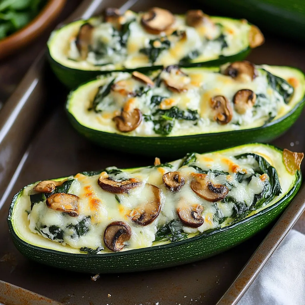 Close-up Spinach, Mushroom and Ricotta Stuffed Zucchini Boats