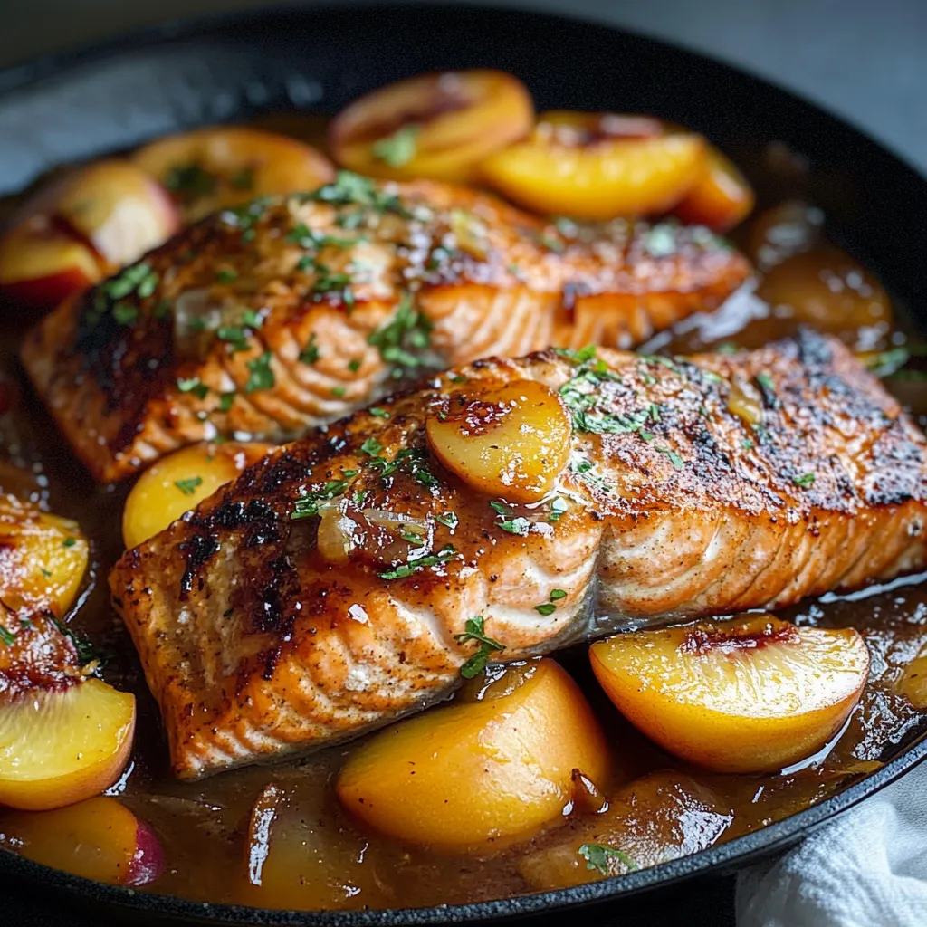 Close-up Bourbon Peach Roasted Salmon Recipe