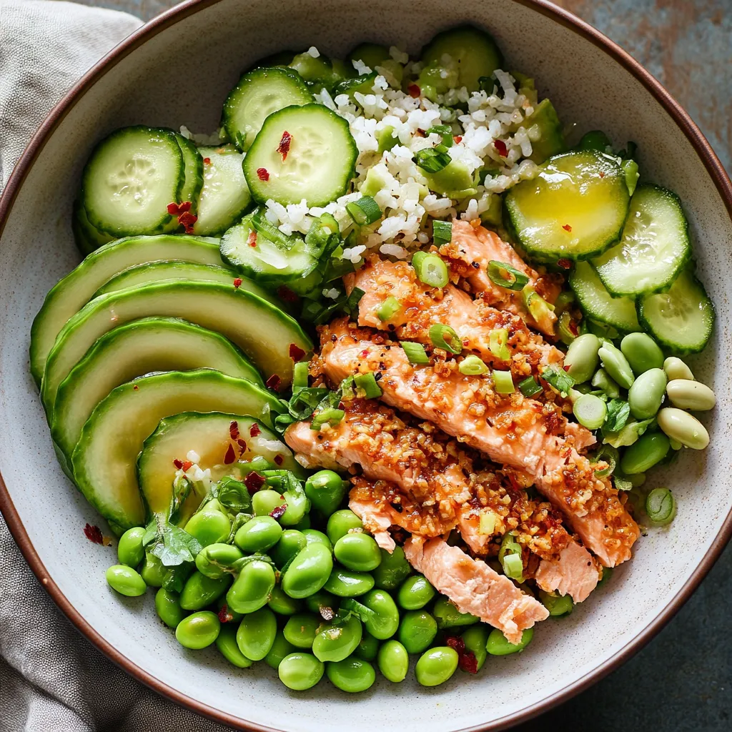 Crispy Rice Salmon Cucumber Salad with Creamy Asian Dressing