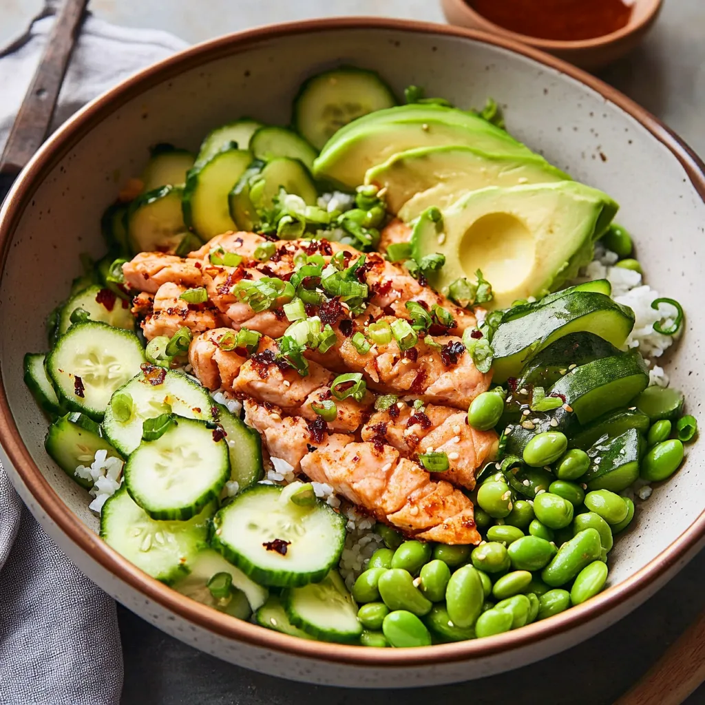 Close-up Rice Salmon Cucumber Salad with Creamy Asian Dressing Recipe