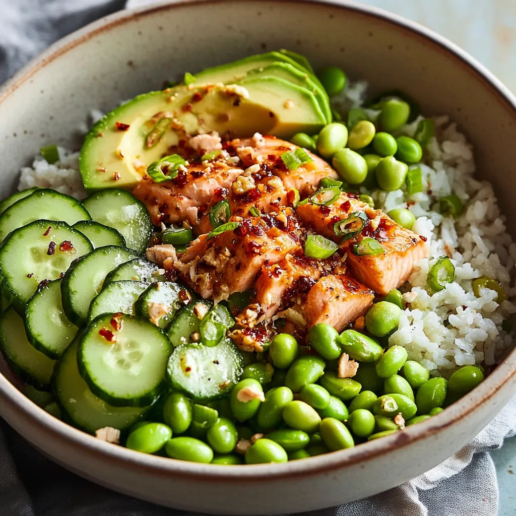 Crispy Rice Salmon Cucumber Salad with Creamy Asian Dressing