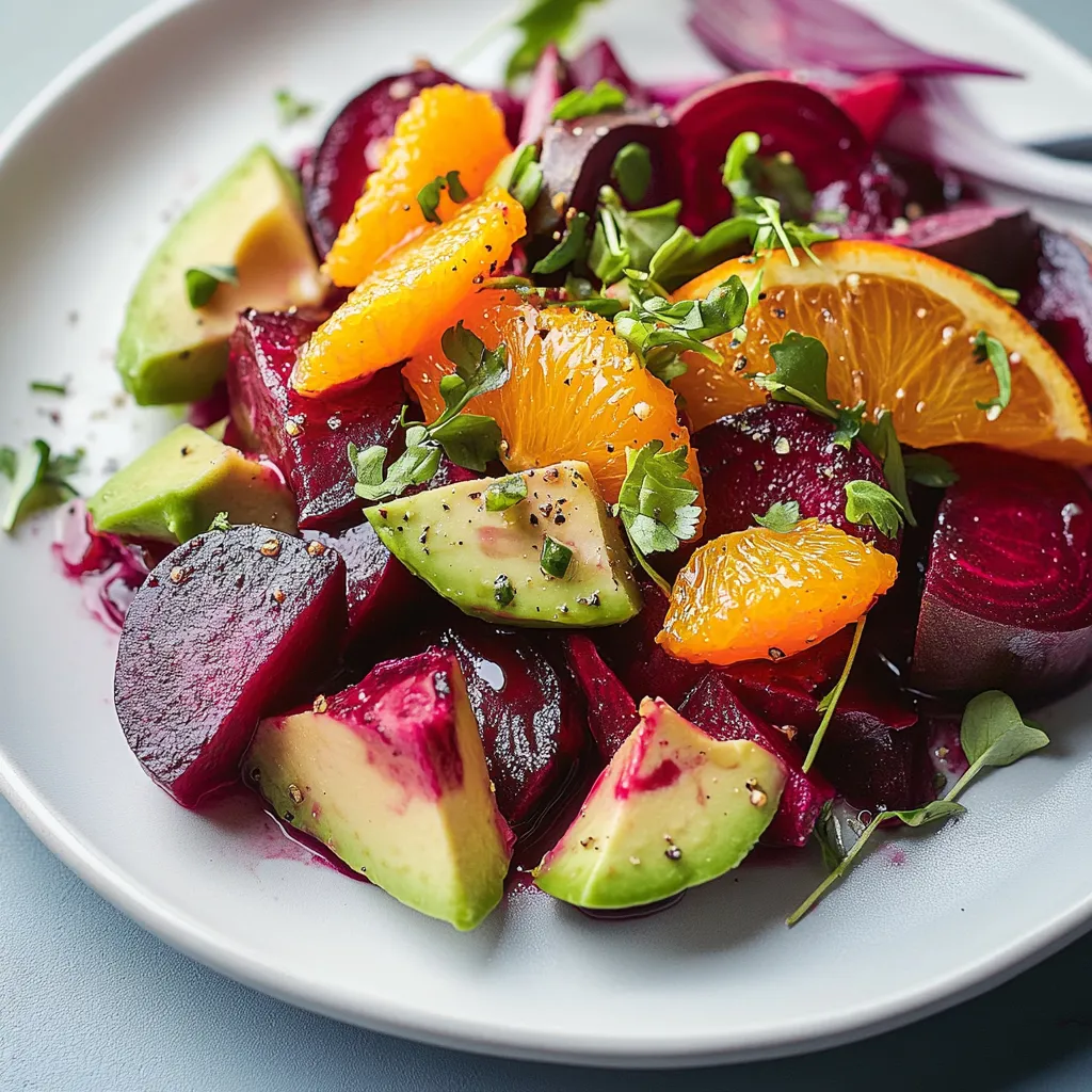 Close-up Roasted Beet Salad with Orange and Avocado Recipe