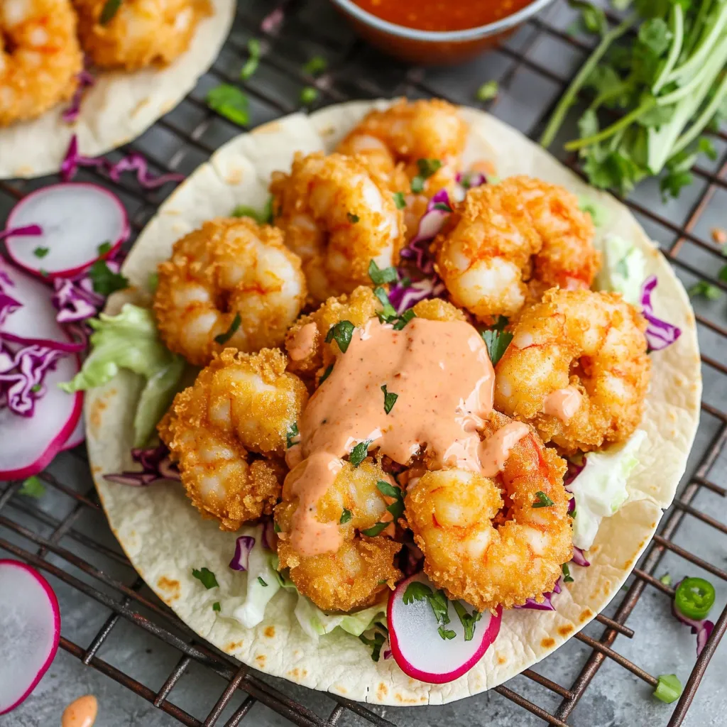 Close-up Bang Bang Shrimp Tacos Recipe