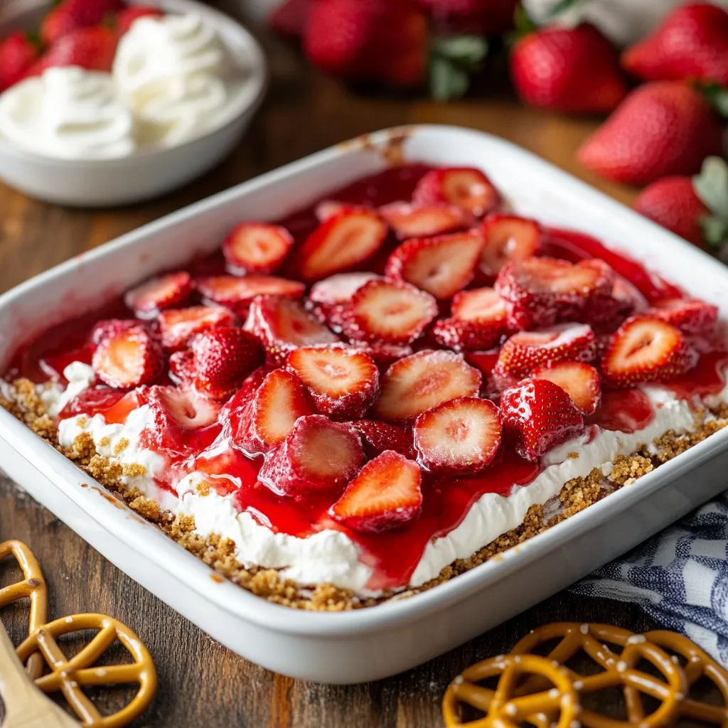 Close-up Strawberry Pretzel Salad Recipe