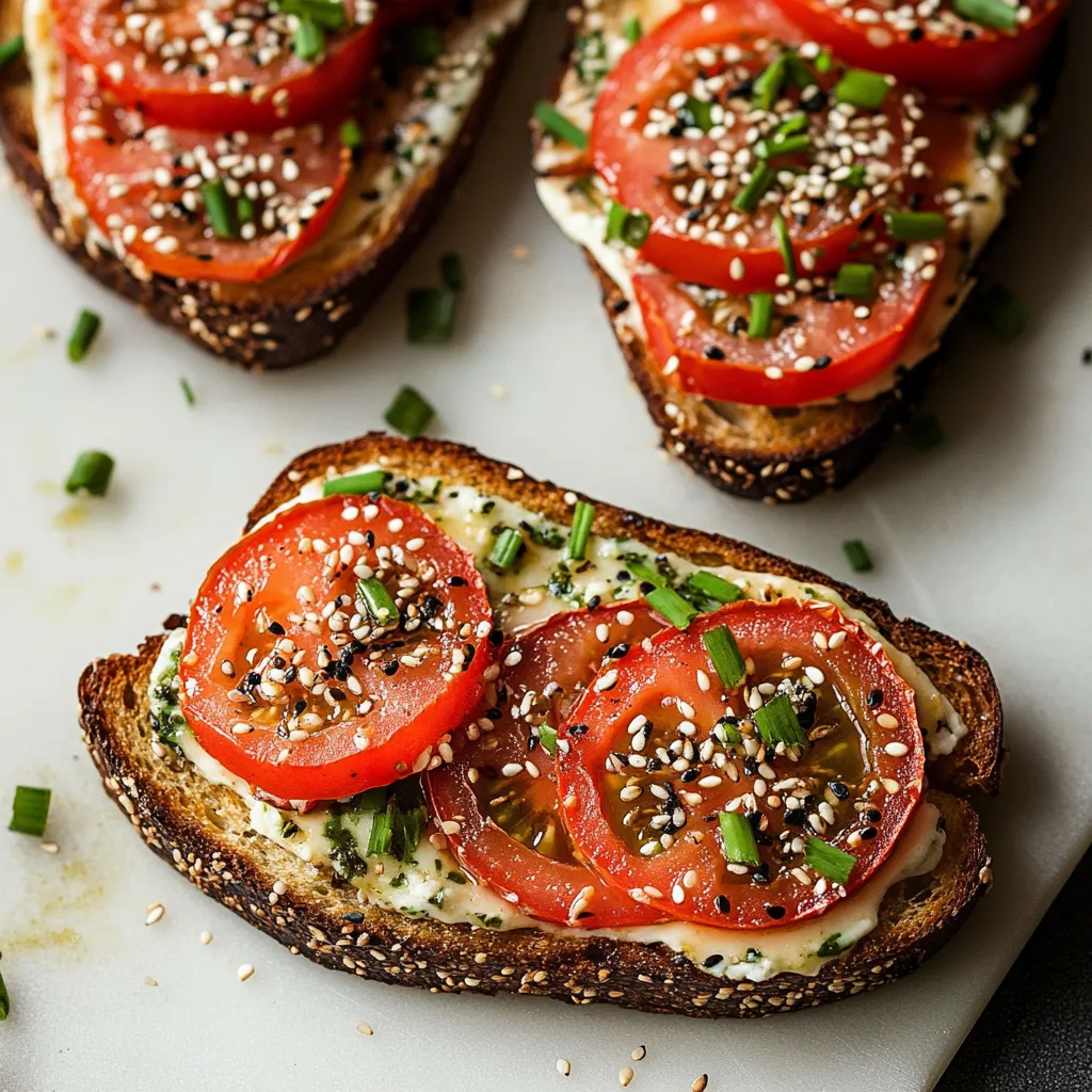 Close-up Tomato Toast with Chives and Sesame Seeds Recipe