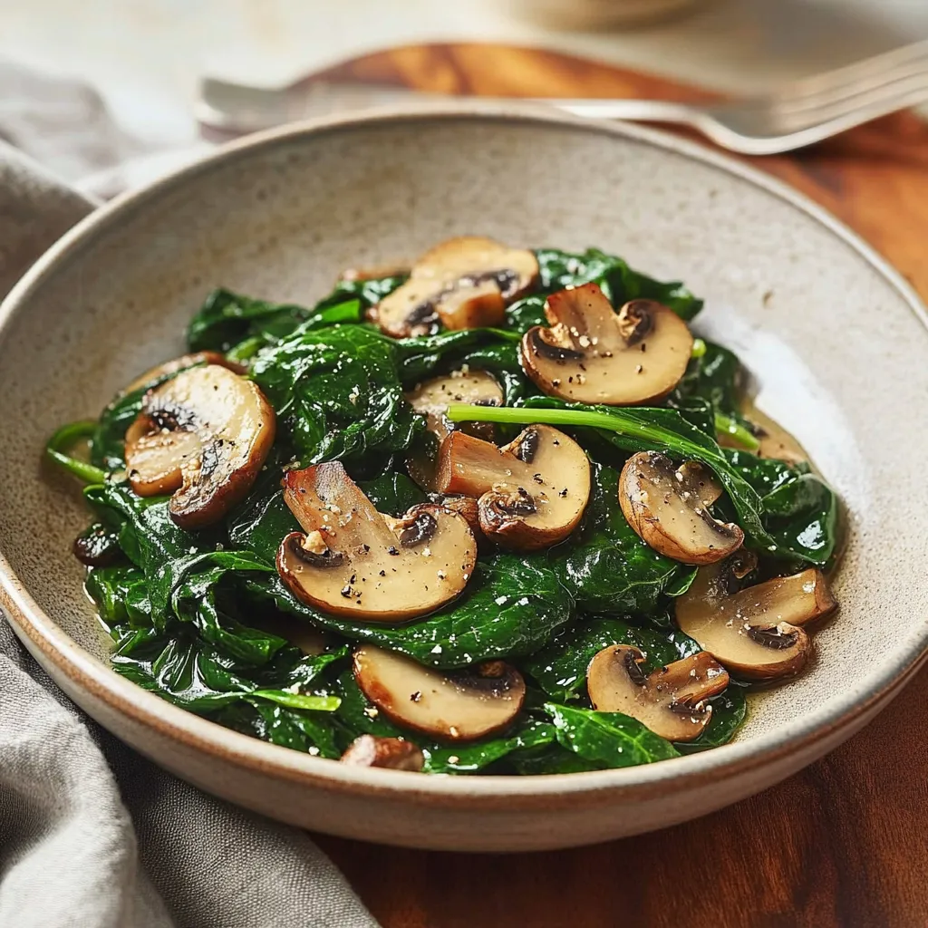 Close-up Sauteed Spinach and Mushrooms Recipe