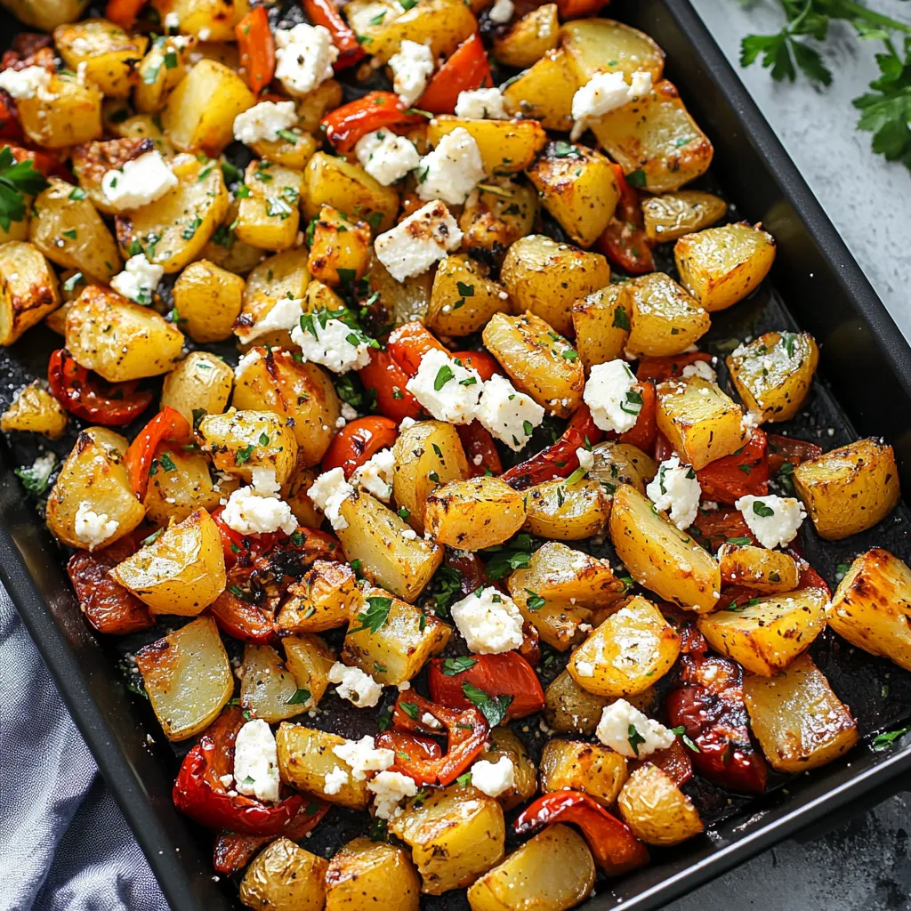 Close-up Greek Roasted Potatoes With Peppers & Feta Recipe