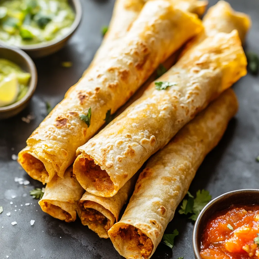 Close-up Crispy Vegan Taquitos Recipe