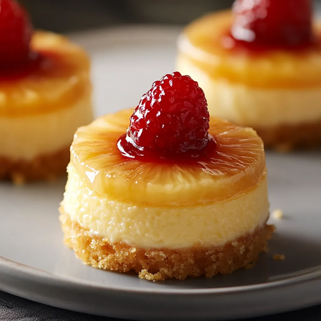 Close-up Mini Pineapple Upside-Down Cheesecakes Recipe