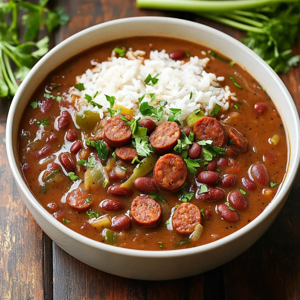 A bowl of soup with sausage and rice.