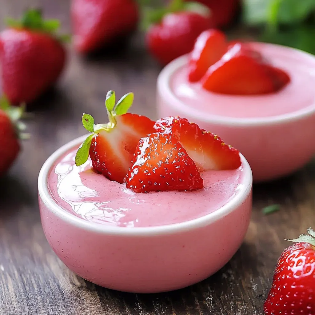 Two bowls of strawberry pink cream are placed on a wooden table.