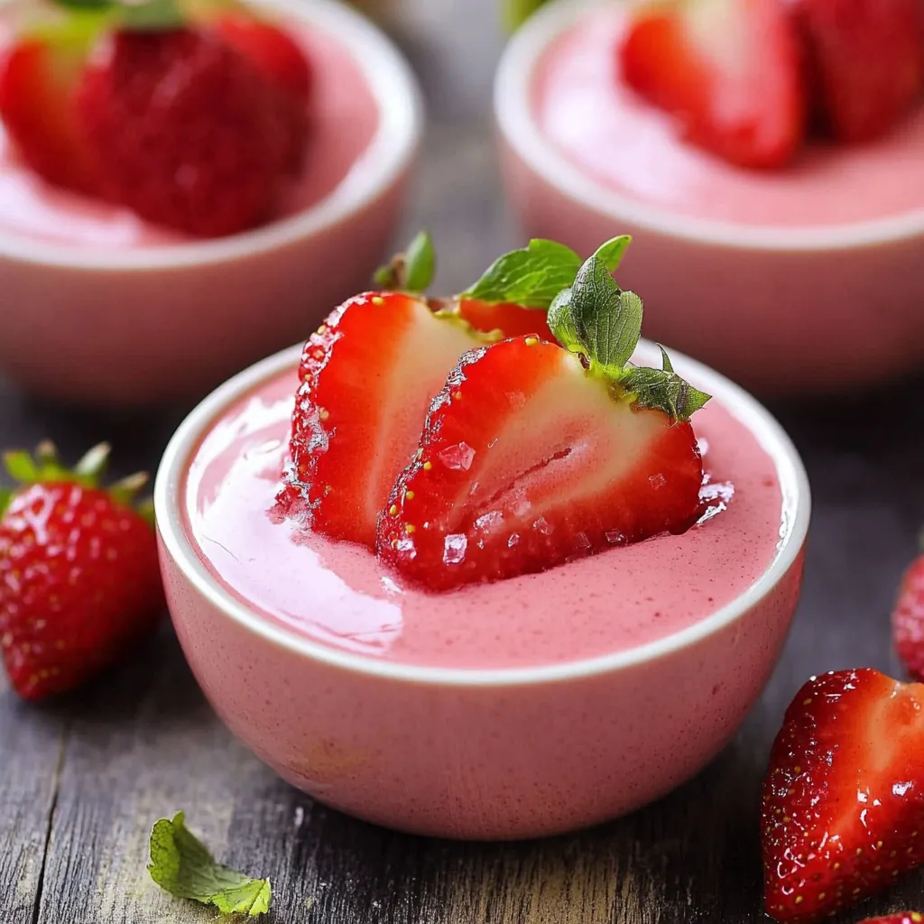 A bowl of strawberry yogurt with strawberries on top.