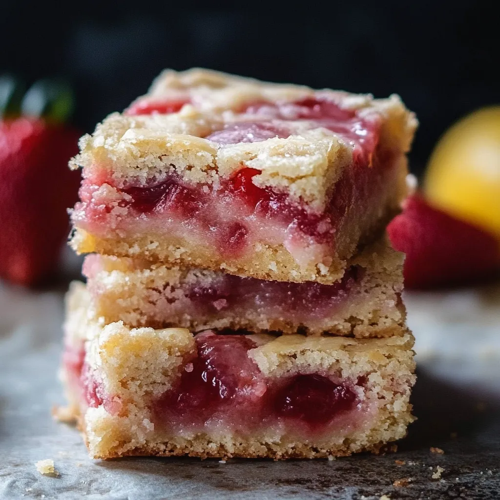 A stack of three cake slices with strawberries on top.