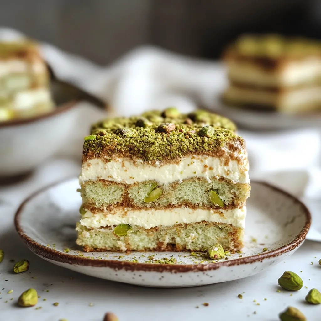 A slice of cake with green toppings on a plate.