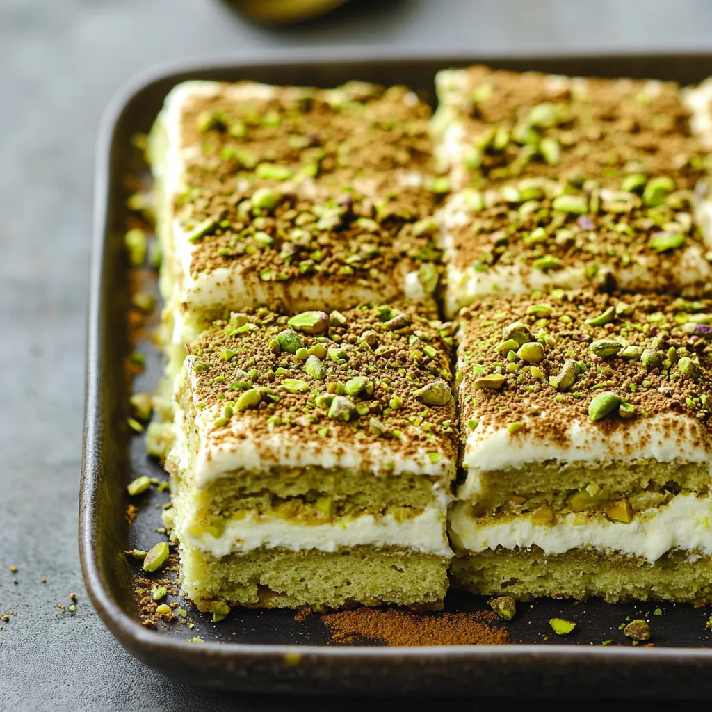 A tray of cake with pistachio nuts on top.