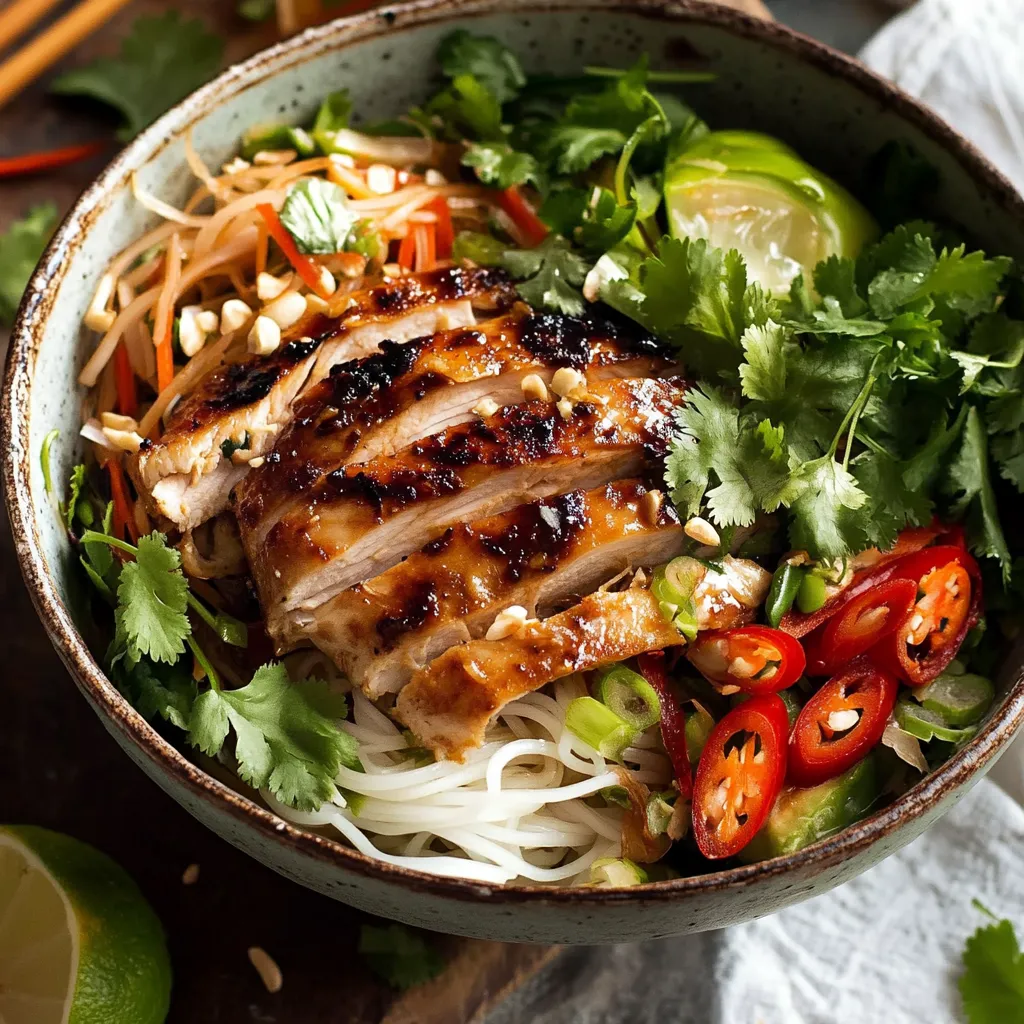 A bowl of Asian food with chicken, noodles, and vegetables.