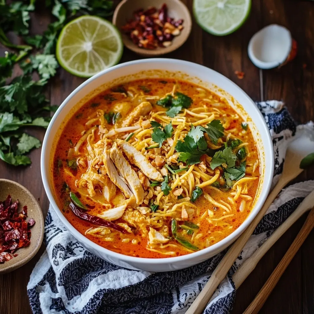 A bowl of soup with chicken and vegetables.