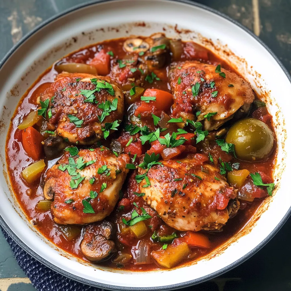 A plate of chicken with vegetables in a sauce.